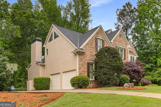 2759 Thomashire Trce, Marietta, GA 30066 - view of front of house with brick siding, an attached garage, a front lawn, a chimney, and driveway