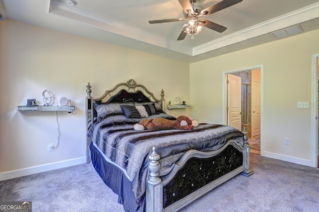 778 Firefly Ct, Griffin, GA 30223 - bedroom featuring crown molding, a raised ceiling, carpet, baseboards, and ceiling fan