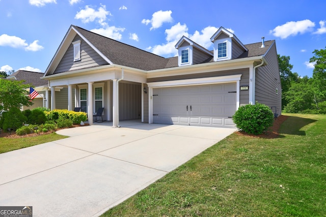 778 Firefly Ct, Griffin, GA 30223 - view of front facade with a porch, an attached garage, driveway, a front yard, and roof with shingles