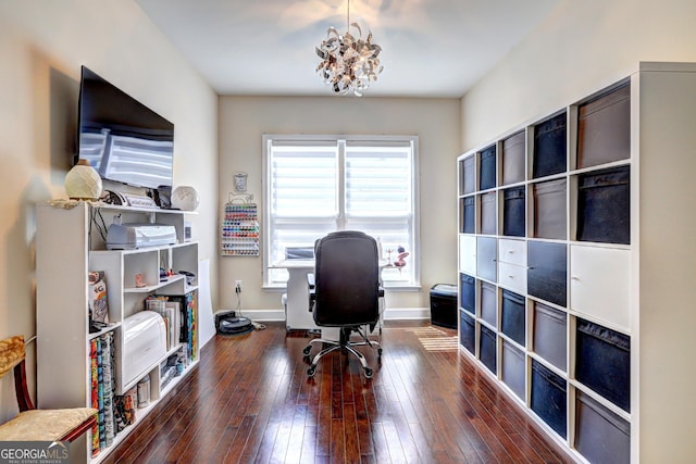 778 Firefly Ct, Griffin, GA 30223 - home office featuring a chandelier, hardwood / wood-style floors, and baseboards