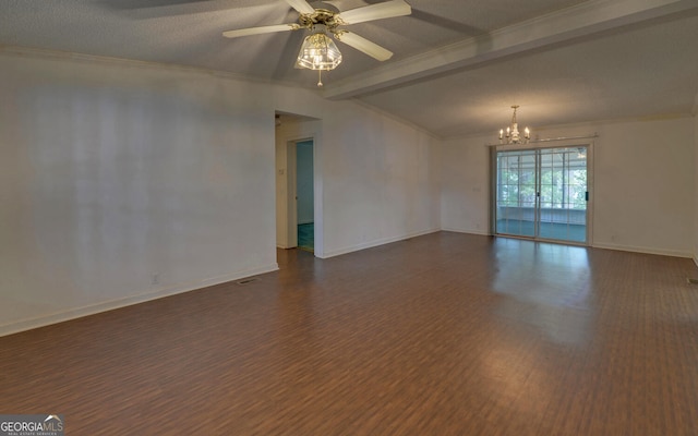 empty room featuring a chandelier, baseboards, a ceiling fan, dark wood-type flooring, and crown molding