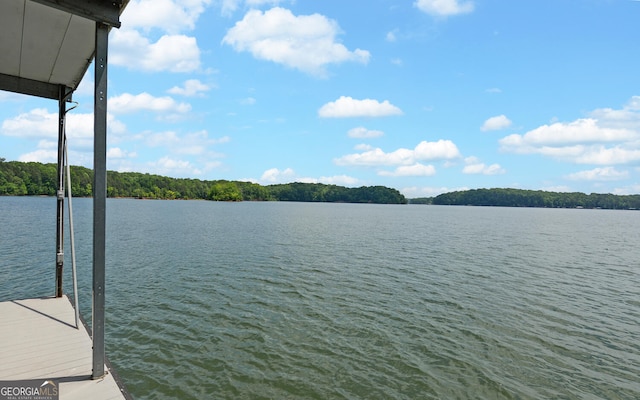 dock area with a water view and a view of trees