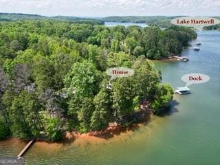bird's eye view of a large body of water and a heavily wooded area