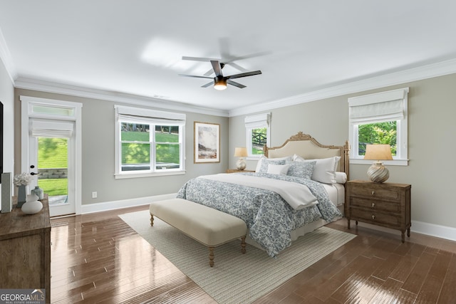bedroom featuring access to outside, baseboards, dark wood finished floors, ornamental molding, and ceiling fan