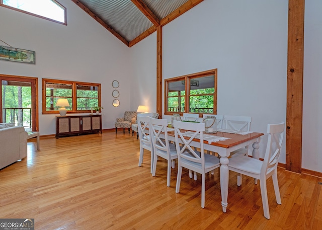142 Hugh Dorsey Rd, Hartwell, GA 30643 - dining room with high vaulted ceiling, light wood-type flooring, baseboards, healthy amount of natural light, and beamed ceiling