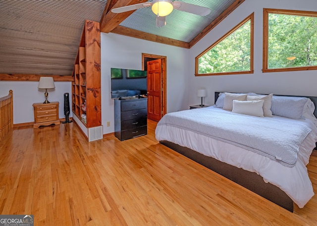 142 Hugh Dorsey Rd, Hartwell, GA 30643 - bedroom with light wood finished floors, lofted ceiling, ceiling fan, wooden ceiling, and baseboards