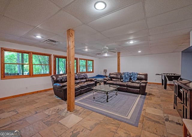 142 Hugh Dorsey Rd, Hartwell, GA 30643 - living area featuring baseboards, a drop ceiling, ceiling fan, and recessed lighting