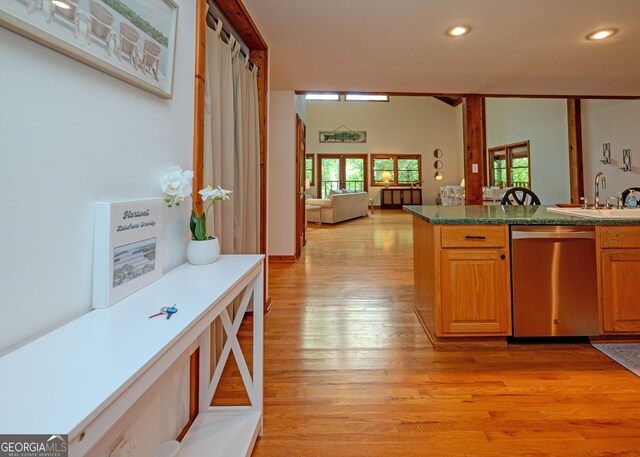 142 Hugh Dorsey Rd, Hartwell, GA 30643 - kitchen featuring stainless steel dishwasher, a sink, light wood-style flooring, recessed lighting, and dark countertops