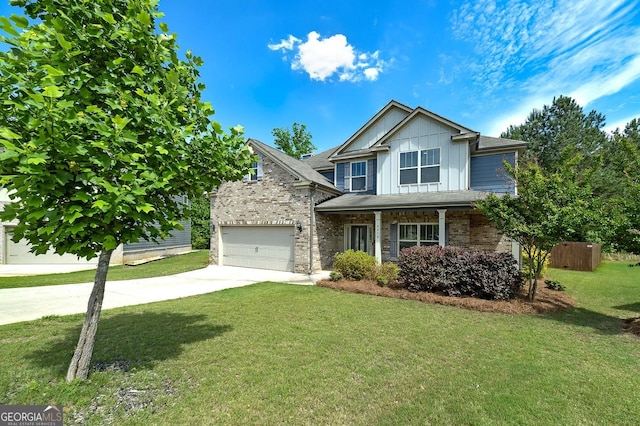 view of front of house with concrete driveway, a front lawn, board and batten siding, brick siding, and a porch