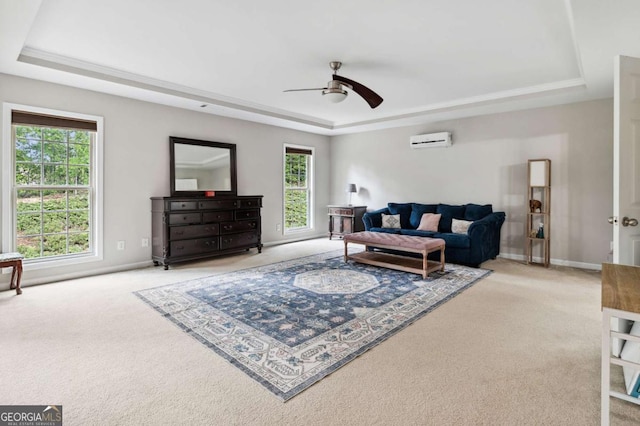 4960 Tadmore Ln, Lithonia, GA 30038 - carpeted living area with a raised ceiling, an AC wall unit, a ceiling fan, and baseboards