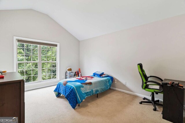 4960 Tadmore Ln, Lithonia, GA 30038 - bedroom with carpet, vaulted ceiling, and baseboards