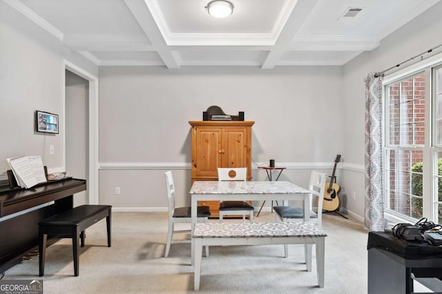4960 Tadmore Ln, Lithonia, GA 30038 - dining room with coffered ceiling, light colored carpet, beam ceiling, healthy amount of natural light, and baseboards