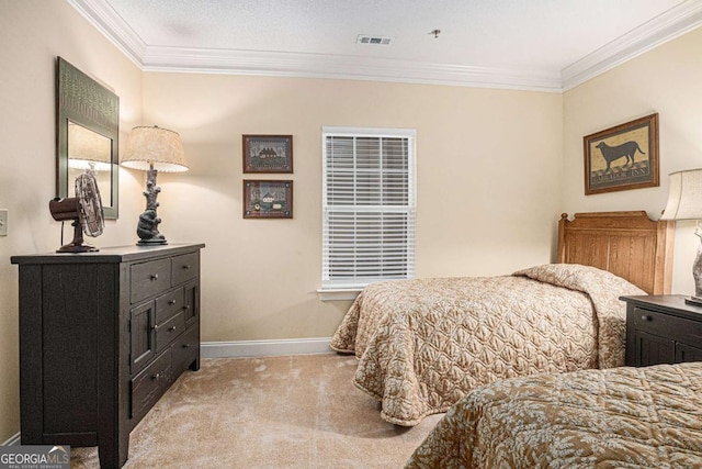 bedroom featuring light carpet, crown molding, and baseboards