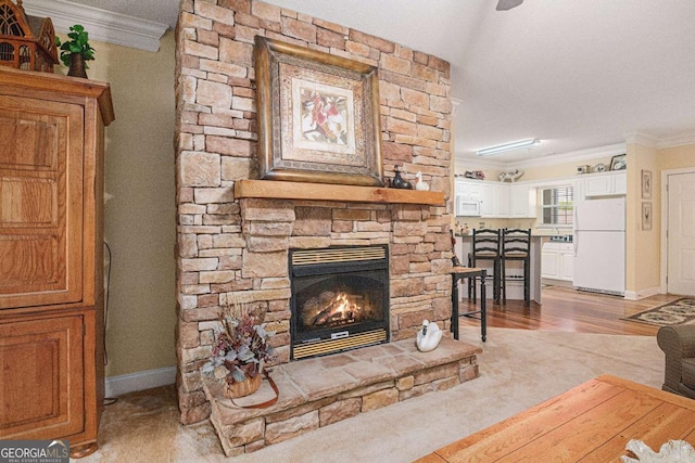 living room with crown molding, baseboards, and a fireplace