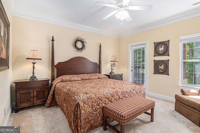bedroom with light colored carpet, crown molding, baseboards, access to outside, and ceiling fan