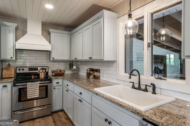 138 Mccombs Dr Unit 7, Blairsville, GA 30512 - kitchen featuring stainless steel electric range oven, custom range hood, a sink, wood ceiling, and decorative backsplash