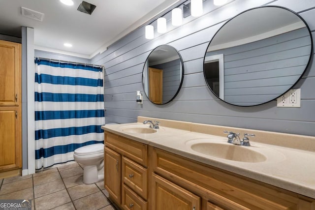 138 Mccombs Dr Unit 7, Blairsville, GA 30512 - full bathroom with tile patterned flooring, toilet, double vanity, curtained shower, and wooden walls