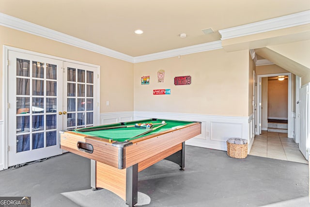 626 Palisade Dr, Ellijay, GA 30540 - playroom featuring french doors, crown molding, a wainscoted wall, billiards, and a decorative wall