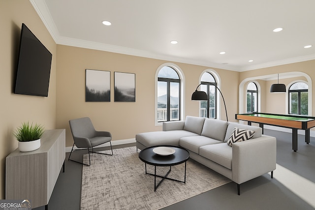 626 Palisade Dr, Ellijay, GA 30540 - living room featuring ornamental molding, recessed lighting, and pool table