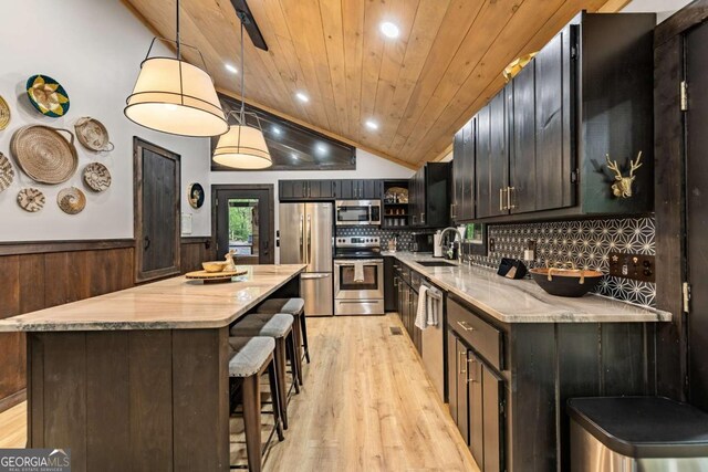 kitchen featuring stainless steel appliances, a sink, wooden ceiling, light wood-style floors, and wainscoting