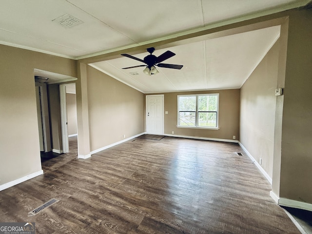101 S Taylor, Nicholls, GA 31554 - unfurnished living room with ceiling fan, baseboards, wood finished floors, and ornamental molding