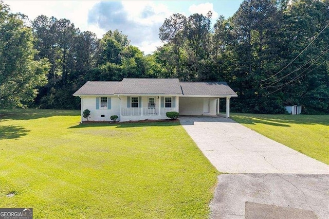 ranch-style home with a porch, a front lawn, a carport, and concrete driveway