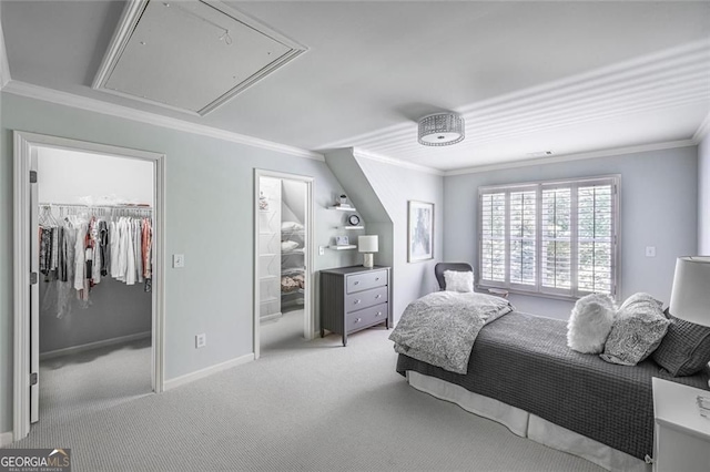 carpeted bedroom featuring attic access, ornamental molding, a walk in closet, and baseboards