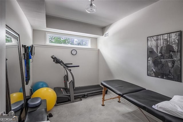 workout area featuring carpet