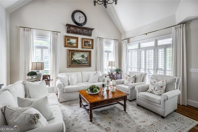 living room featuring wood finished floors and high vaulted ceiling