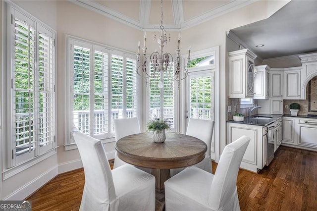 dining room featuring a chandelier, crown molding, plenty of natural light, dark wood-style flooring, and baseboards