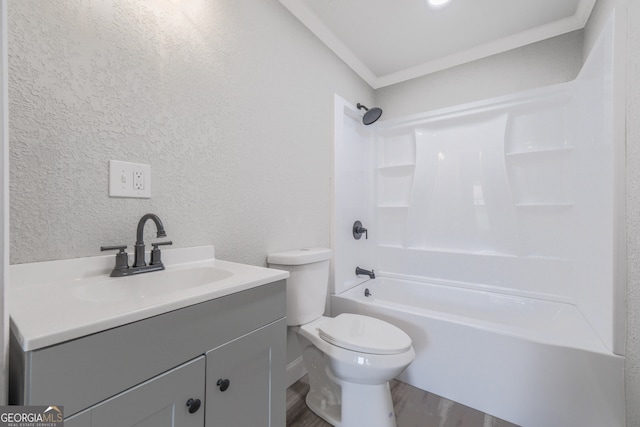 11 Cloverhurst Dr, Toccoa, GA 30577 - bathroom featuring toilet, a textured wall, wood finished floors, vanity, and tub / shower combination