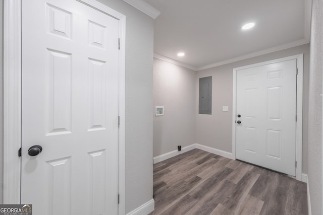 11 Cloverhurst Dr, Toccoa, GA 30577 - laundry area featuring crown molding, electric panel, dark wood-type flooring, baseboards, and washer hookup