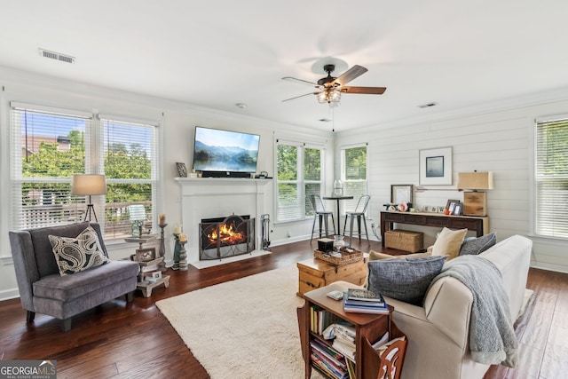840 Yosemite Dr, Suwanee, GA 30024 - living room featuring ornamental molding, a ceiling fan, a fireplace, dark wood-type flooring, and baseboards