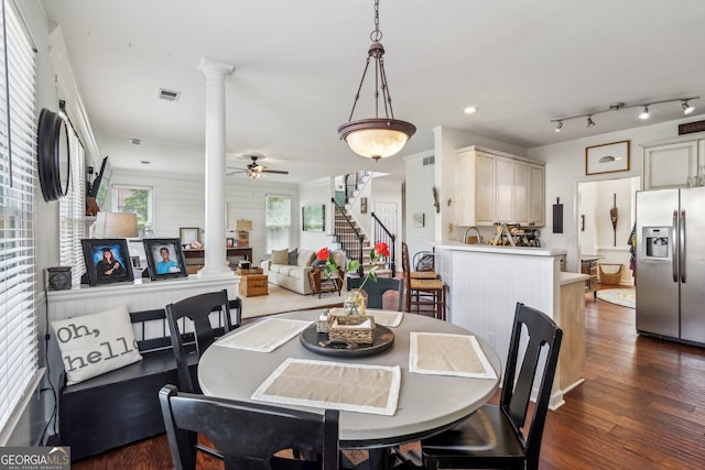840 Yosemite Dr, Suwanee, GA 30024 - dining space with ornate columns, stairs, dark wood finished floors, recessed lighting, and a ceiling fan