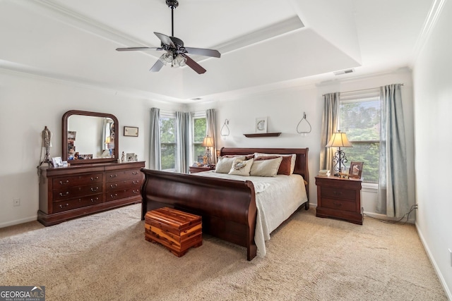 840 Yosemite Dr, Suwanee, GA 30024 - bedroom featuring carpet flooring, multiple windows, a raised ceiling, ornamental molding, and a ceiling fan