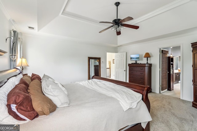 840 Yosemite Dr, Suwanee, GA 30024 - bedroom featuring light carpet, a raised ceiling, crown molding, ensuite bathroom, and ceiling fan