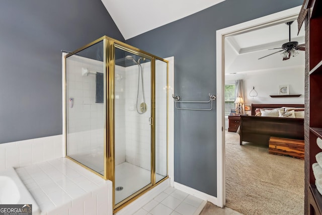 840 Yosemite Dr, Suwanee, GA 30024 - full bathroom with ensuite bathroom, a shower stall, ceiling fan, tile patterned flooring, and vaulted ceiling