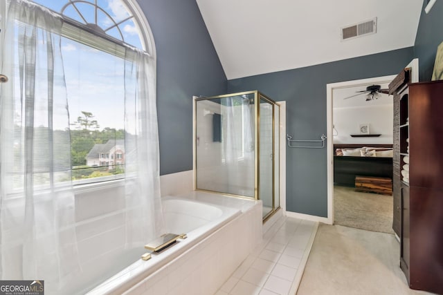 840 Yosemite Dr, Suwanee, GA 30024 - bathroom with a shower stall, vaulted ceiling, a bath, ensuite bath, and ceiling fan