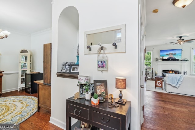 840 Yosemite Dr, Suwanee, GA 30024 - corridor with wood finished floors, arched walkways, crown molding, and baseboards