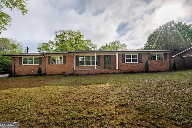 single story home featuring crawl space and brick siding