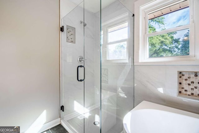 bathroom with a freestanding bath and a shower stall