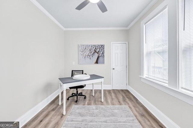 11 Poplar St, Porterdale, GA 30014 - office featuring wood finished floors, crown molding, baseboards, and ceiling fan