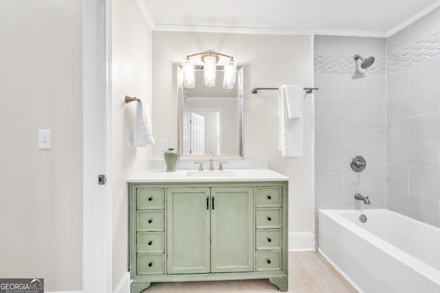 11 Poplar St, Porterdale, GA 30014 - full bathroom with crown molding, shower / bathtub combination, vanity, tile patterned flooring, and baseboards