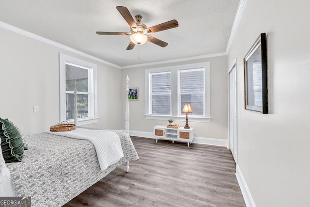 11 Poplar St, Porterdale, GA 30014 - bedroom with wood finished floors, a textured ceiling, crown molding, baseboards, and a ceiling fan