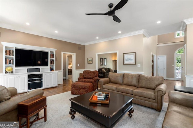 1681 Wild Azalea Ln, Athens, GA 30606 - living area featuring a ceiling fan, ornamental molding, wood finished floors, recessed lighting, and a wainscoted wall