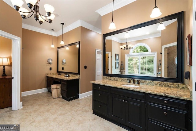 1681 Wild Azalea Ln, Athens, GA 30606 - full bathroom with a chandelier, baseboards, crown molding, and two vanities