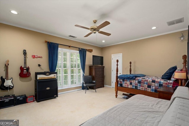 1681 Wild Azalea Ln, Athens, GA 30606 - carpeted bedroom with recessed lighting, ornamental molding, baseboards, and ceiling fan
