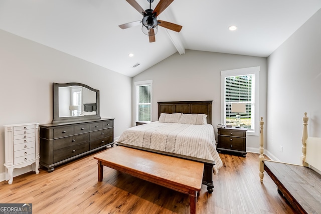 bedroom featuring light wood-style floors, baseboards, a ceiling fan, and recessed lighting