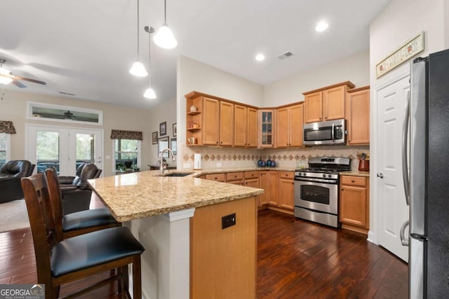 kitchen with stainless steel appliances, a sink, a peninsula, open floor plan, and ceiling fan