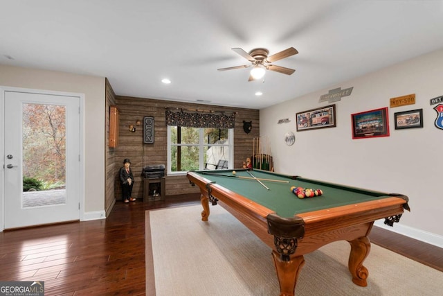 game room featuring ceiling fan, billiards, baseboards, dark wood finished floors, and recessed lighting